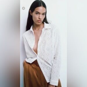 Zara White Eyelet Button Down Shirt Embroidered Eyelet Blouse 5216